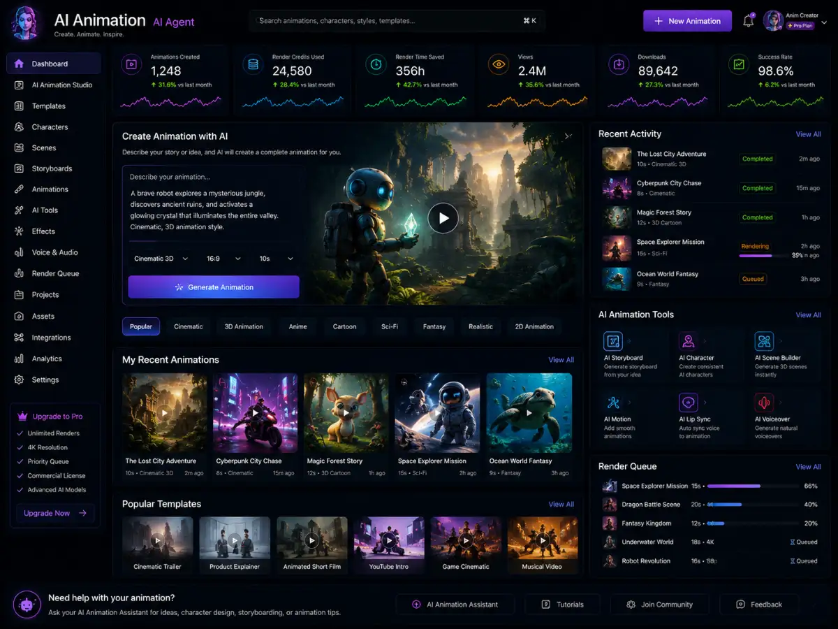 aianimation.app AI animation generator app — dashboard preview